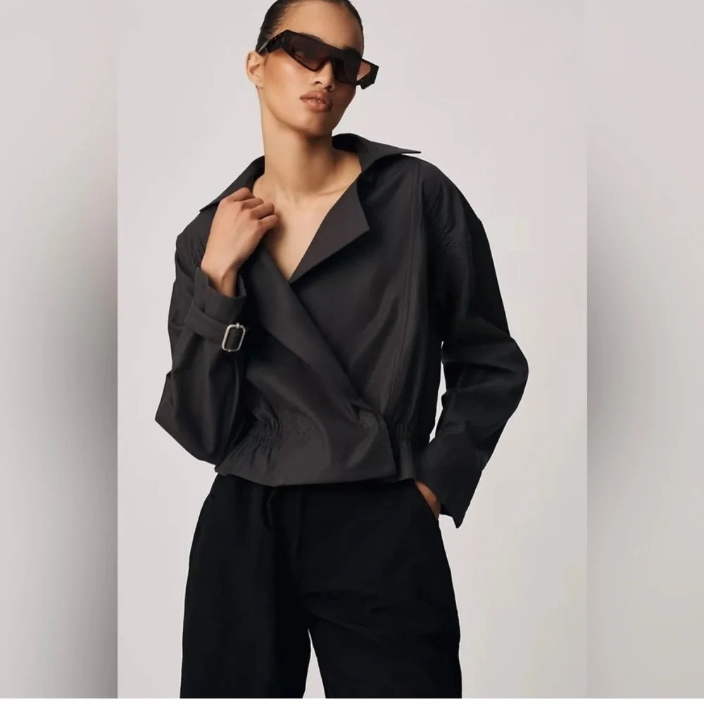 By Anthropologie Cropped Ruched-Sleeve
Moto Jacket Washed Black Gray Medium